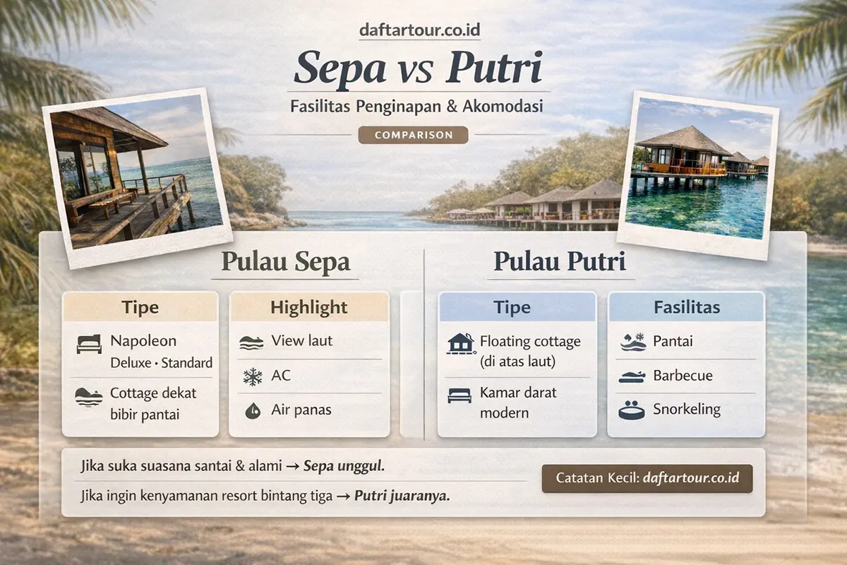 Fasilitas Penginapan dan Akomodasi Pulau Sepa vs Pulau Putri