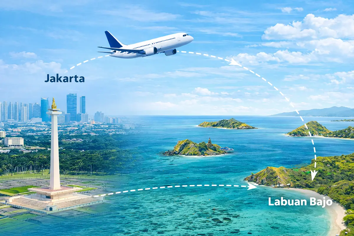 Ilustrasi rute penerbangan Jakarta ke Labuan Bajo, perbandingan direct dan transit untuk memilih perjalanan tercepat.